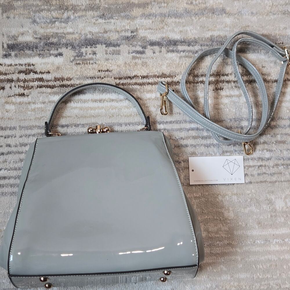 Vixen‎ Collection Top Handle Shoulder Bag Purse Gray Ball Latch Patent Vintage